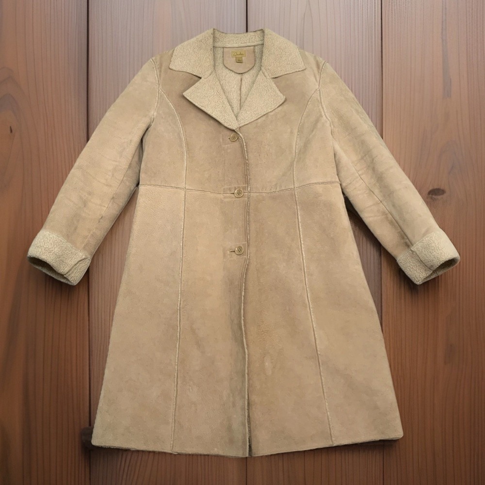 Caslon Beige Suede Shearling-Trim Button Coat